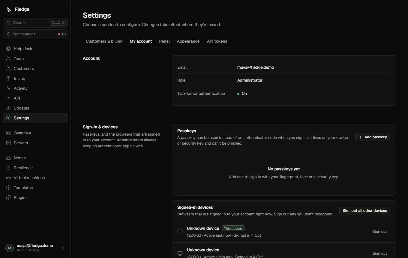 Account settings: two-factor, passkeys and signed-in devices