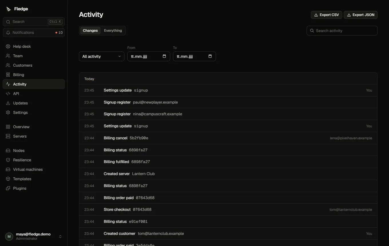 The audit log with filters