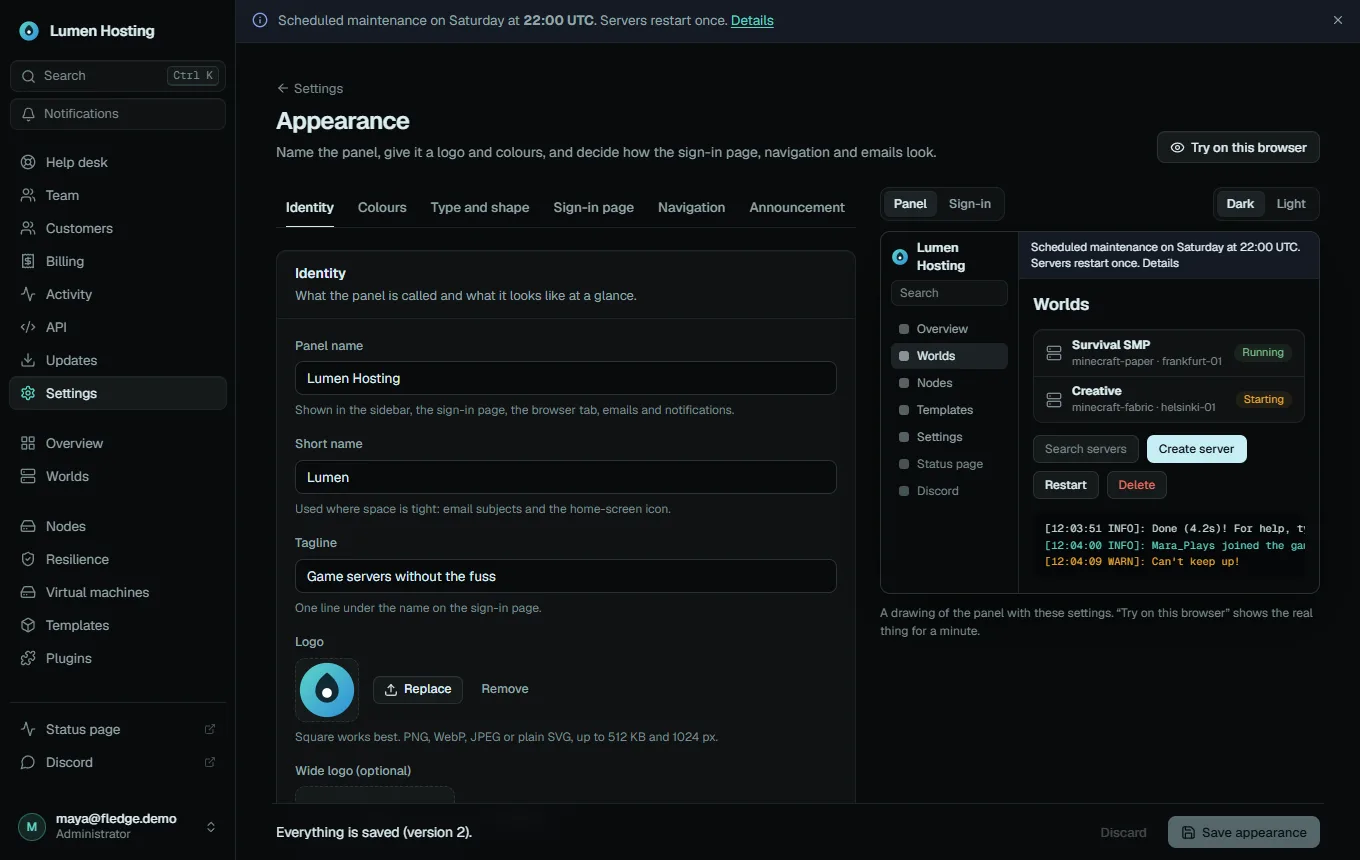 The appearance editor with a live preview
