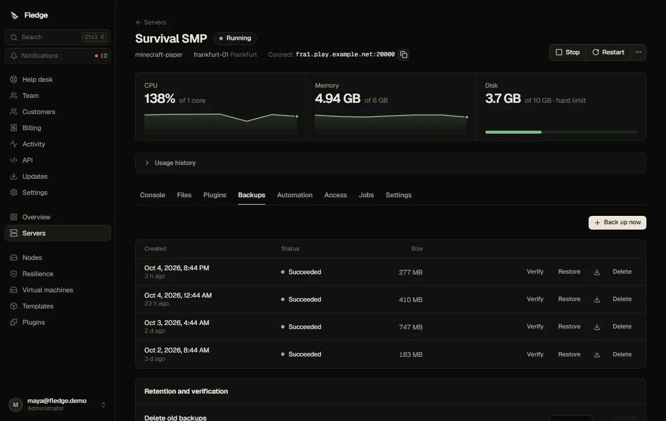 The Backups tab