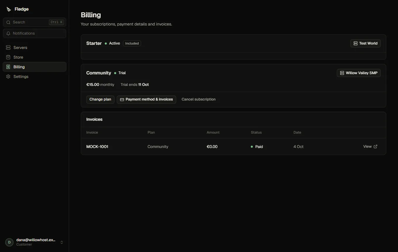 A customer's Billing page