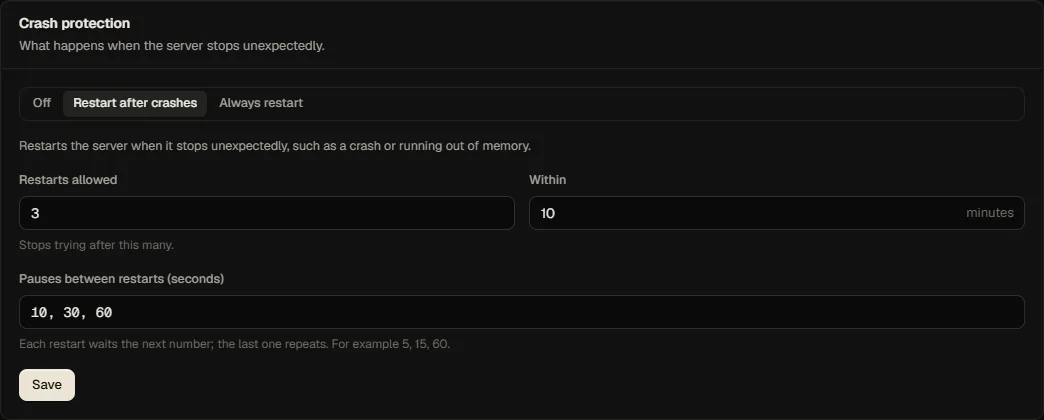 Crash protection settings
