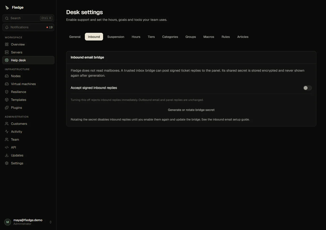Panel controls for the optional inbound email bridge