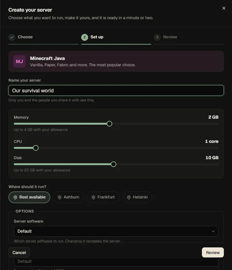 A customer creating their own server