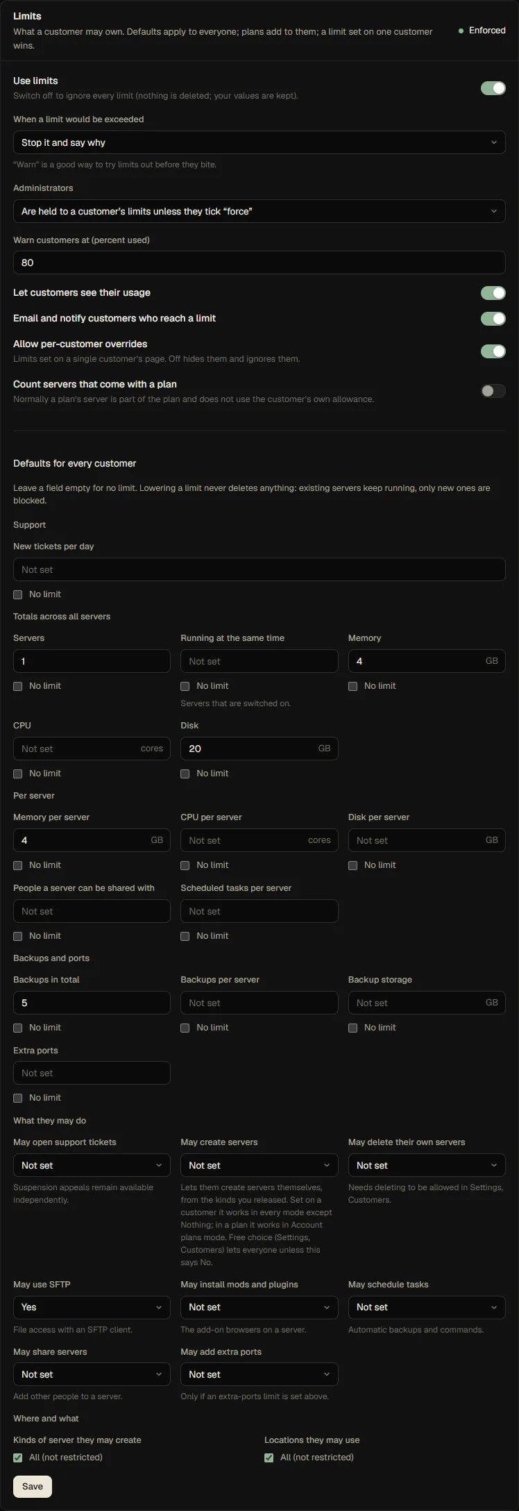 The limits settings