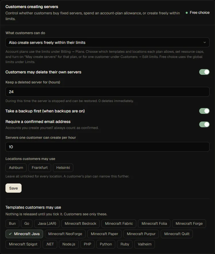 The self-service settings