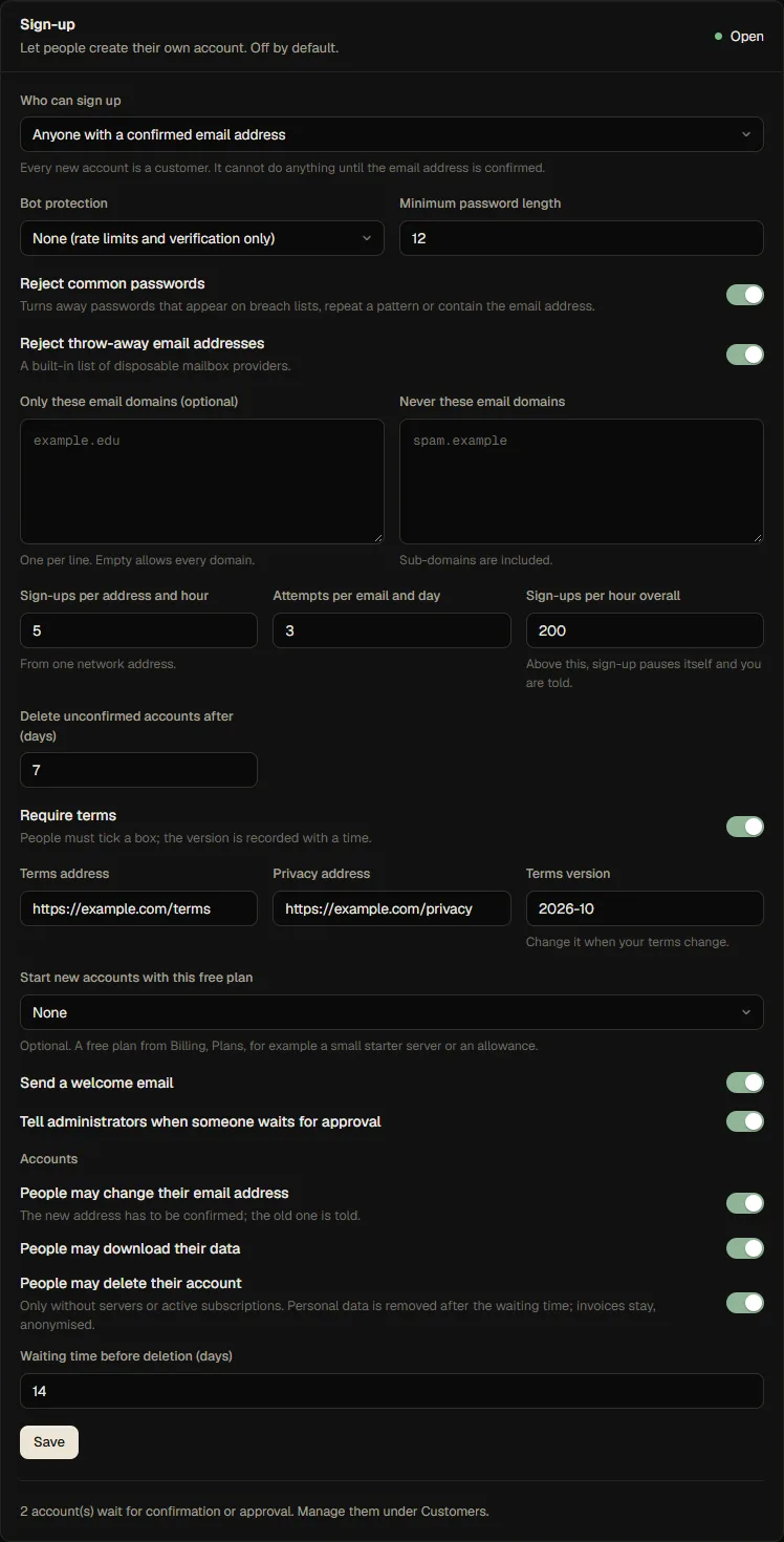 The sign-up settings