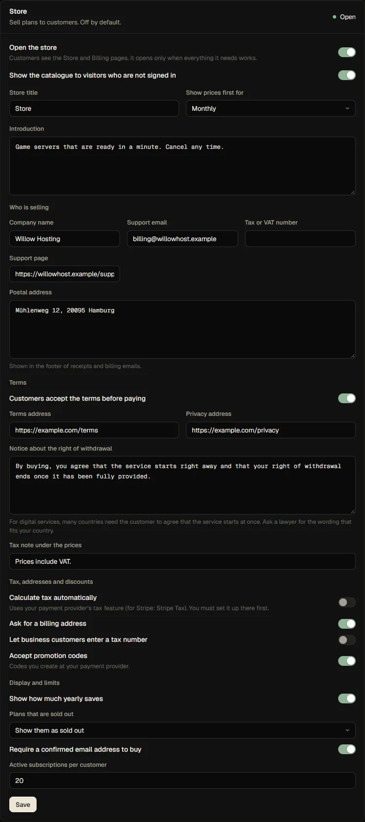 The store settings