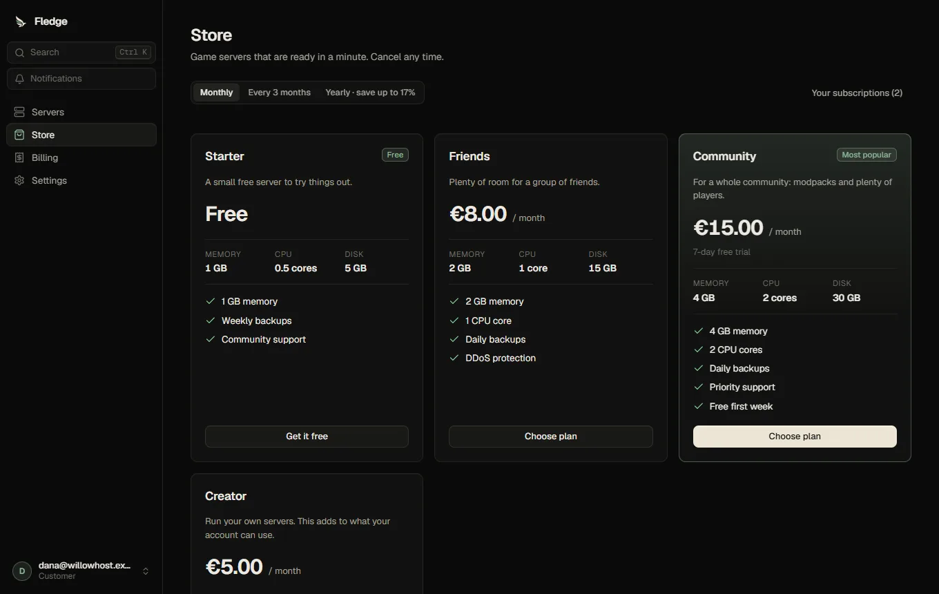 The store with four plans: a free Starter, Friends, the highlighted Community with a free week, and the Creator allowance