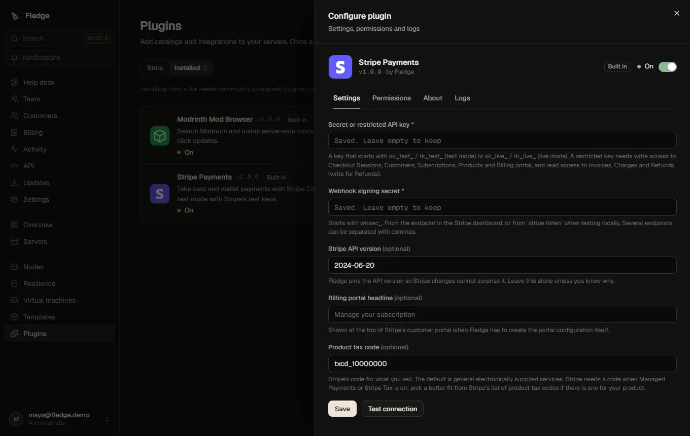 The Stripe plugin's settings