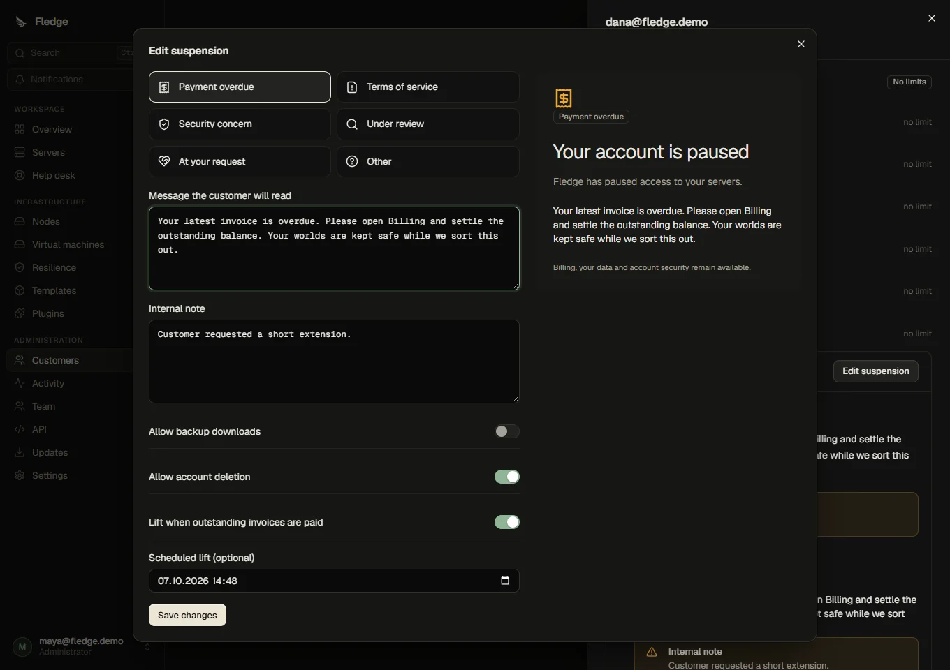 Suspension dialog with its live preview