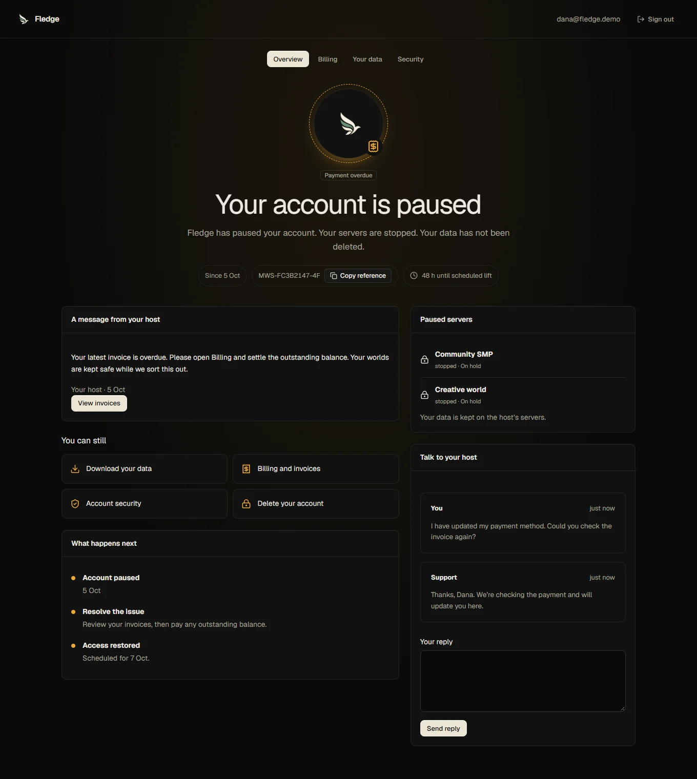 Suspended customer account in dark mode