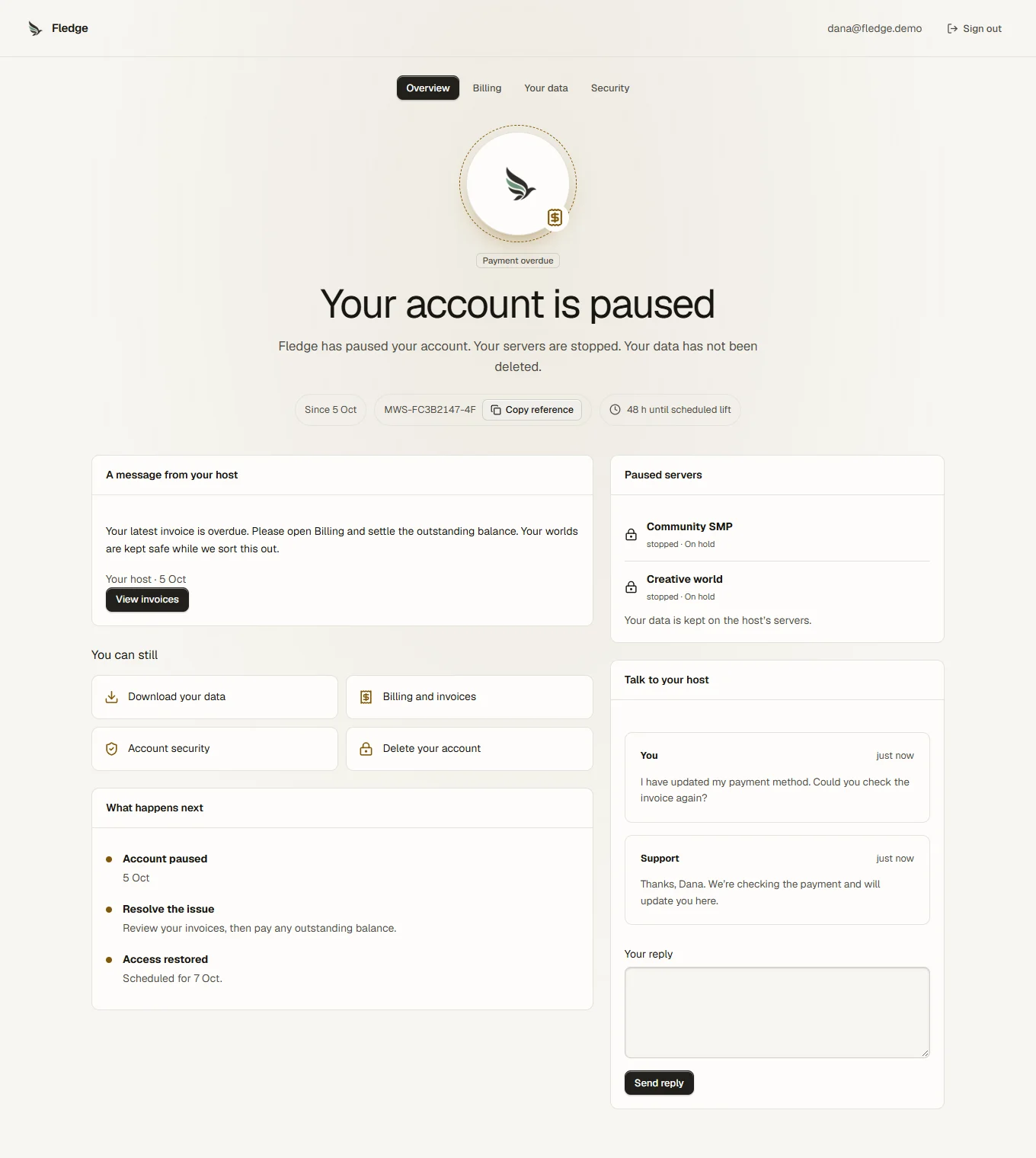 The customer account pause screen with a public explanation and appeal options