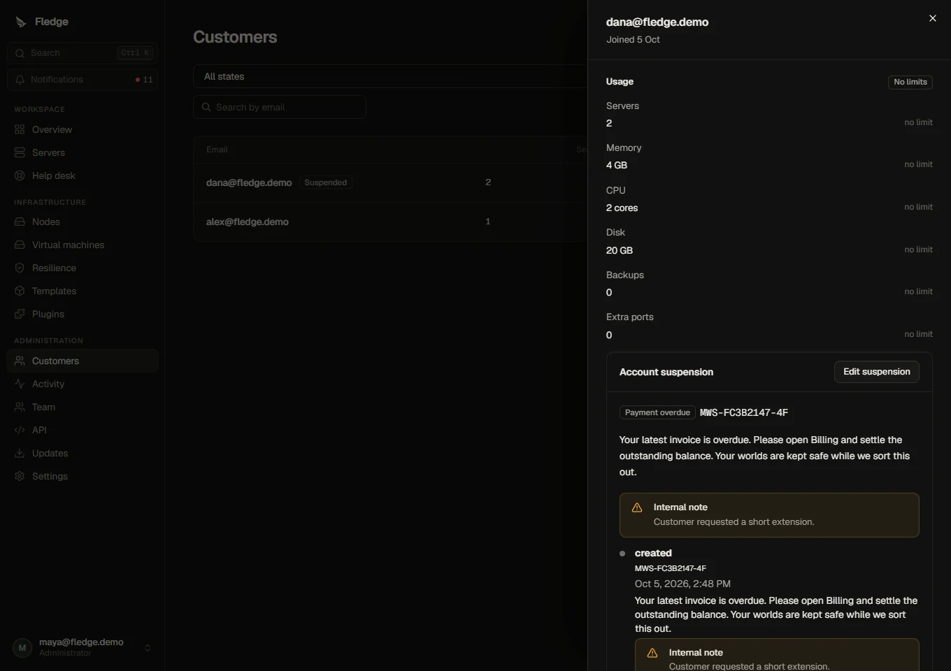 Suspension history in the customer drawer