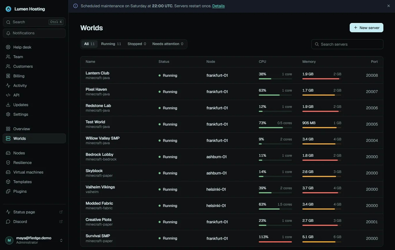 The server list in the Lumen Hosting theme: dark with a teal accent, the page renamed to Worlds, extra sidebar links and an announcement