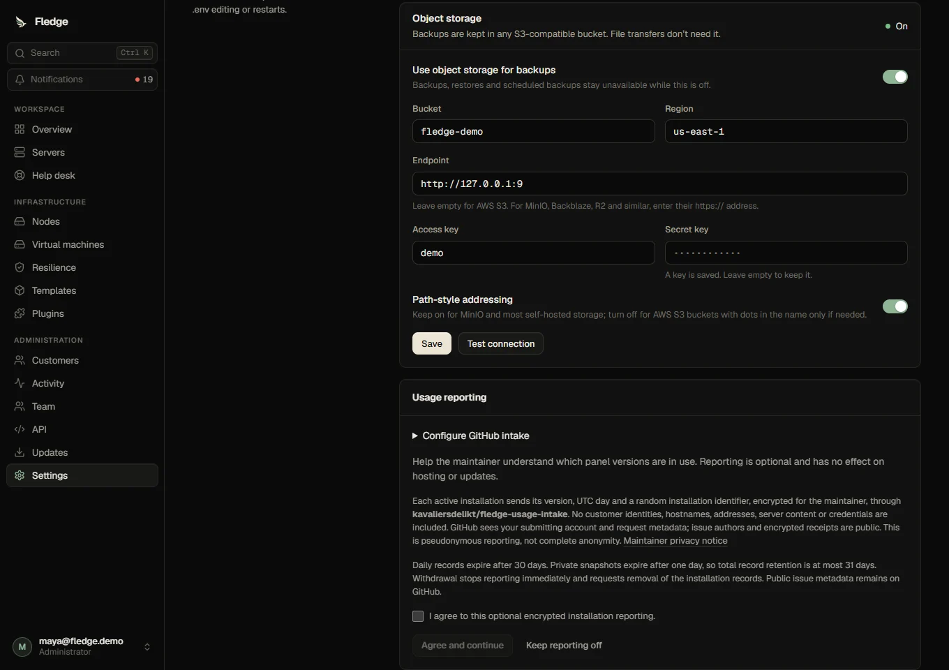 Optional reporting notice with separate consent and GitHub authorization