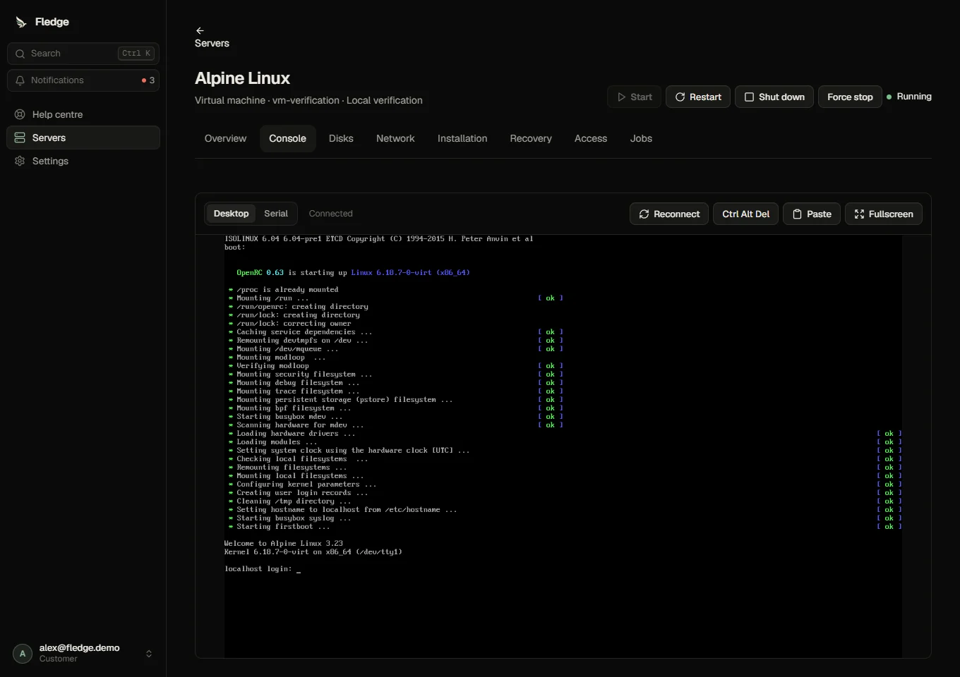 The VM desktop console displaying a real Linux guest