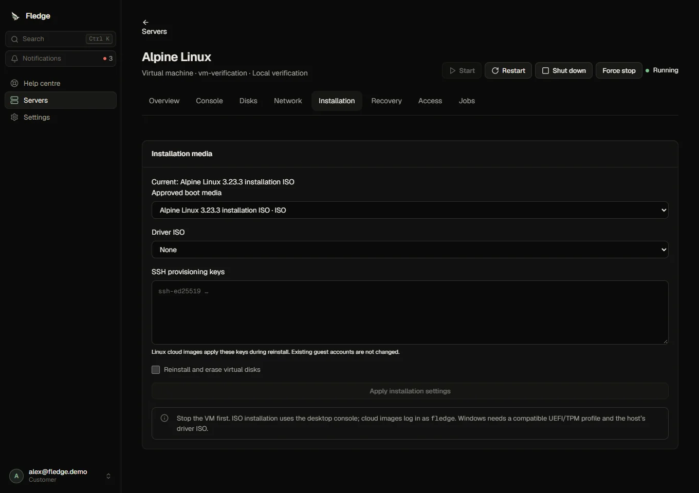 Approved installation media and driver selection for a VM