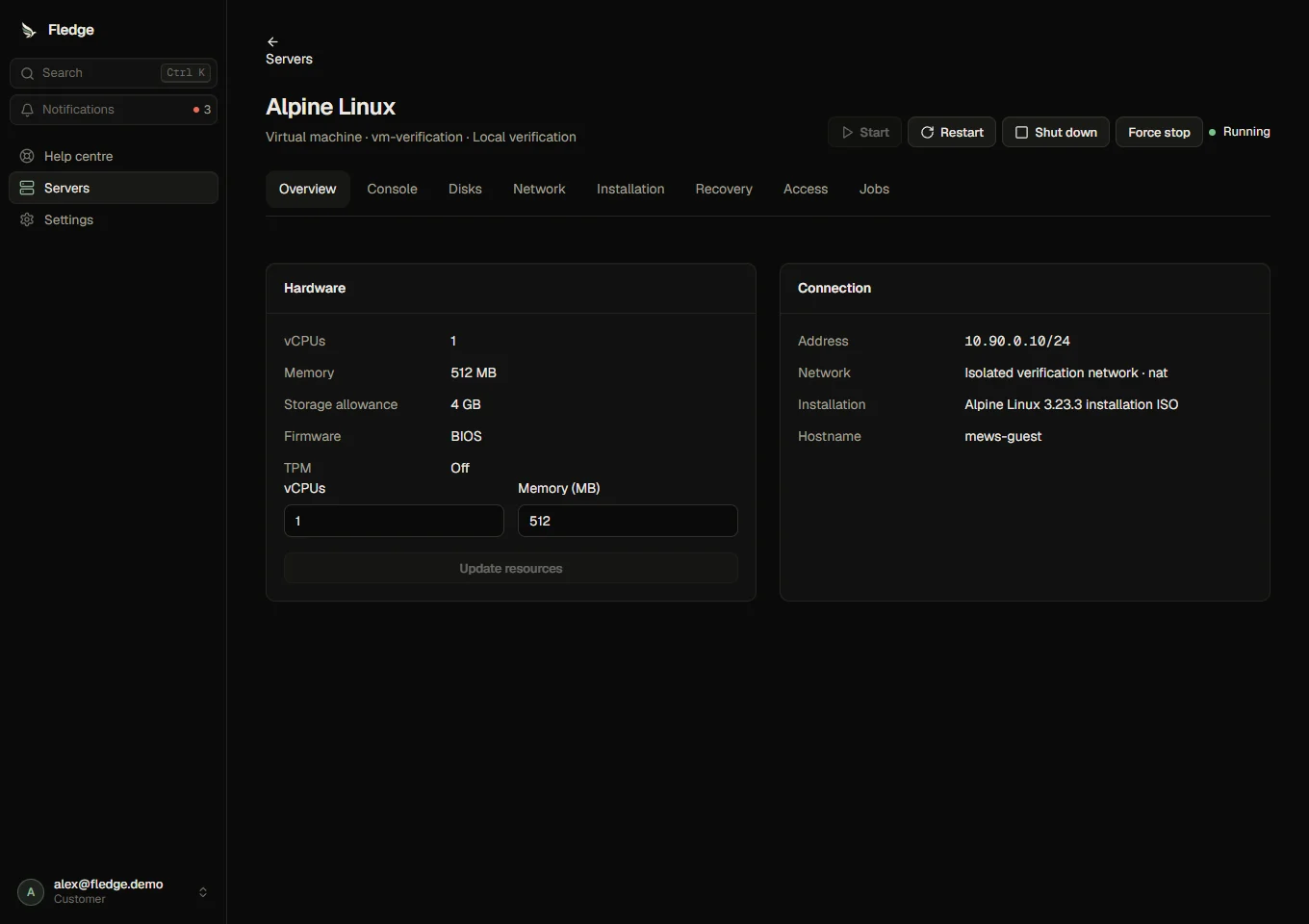 The VM overview with approved hardware and connection details